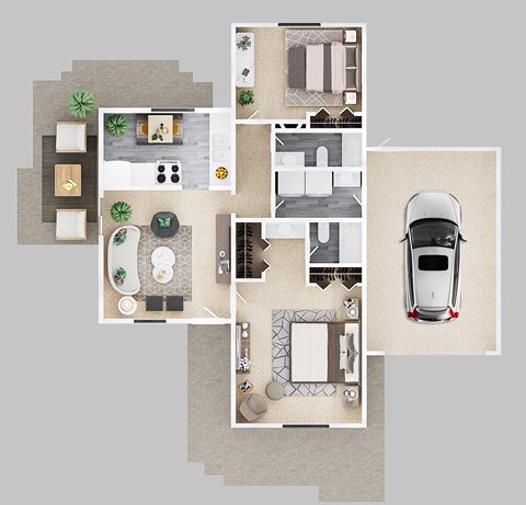 Floor plan for 2 beds, 2 baths, 860 sqft